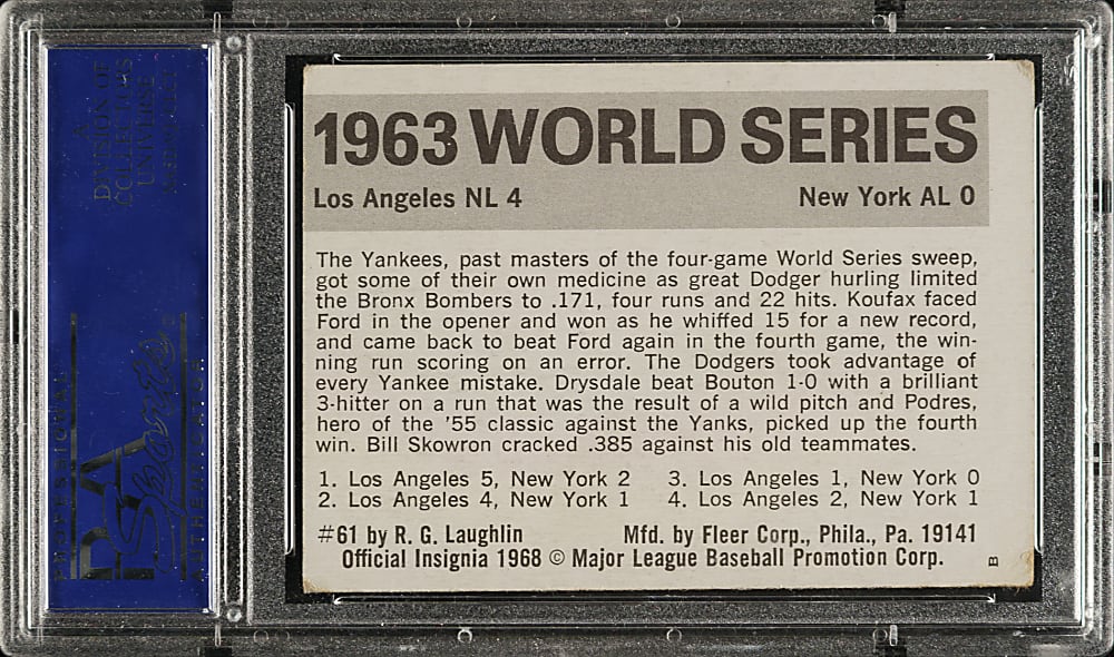 Signed 1971 Fleer World Series #61 Yankees vs. Dodgers with Drysdale, Koufax and Podres - PSA/DNA