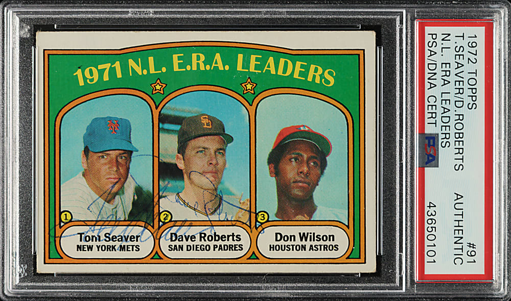 Signed 1972 Topps #91 NL ERA Leaders with Tom Seaver and Dave Roberts - PSA/DNA