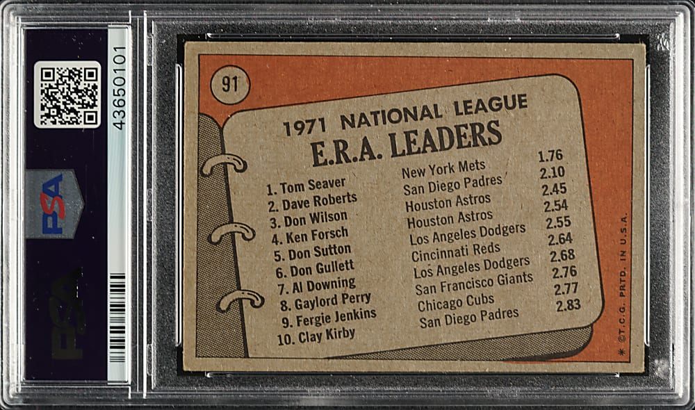 Signed 1972 Topps #91 NL ERA Leaders with Tom Seaver and Dave Roberts - PSA/DNA