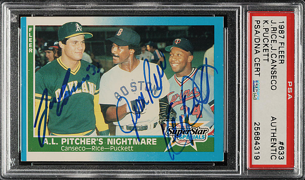 Signed 1987 Fleer #633 Jim Rice, Jose Canseco and Kirby Puckett - PSA/DNA