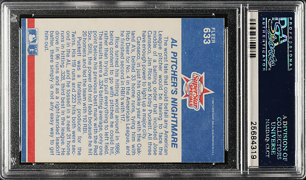 Signed 1987 Fleer #633 Jim Rice, Jose Canseco and Kirby Puckett - PSA/DNA