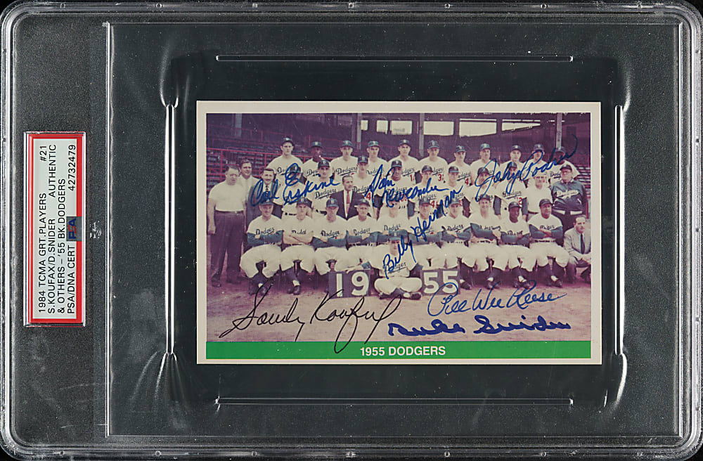 Signed 1984 TCMA Greats #21 Brooklyn Dodgers with Koufax, Reese, Snider, and Others - PSA/DNA