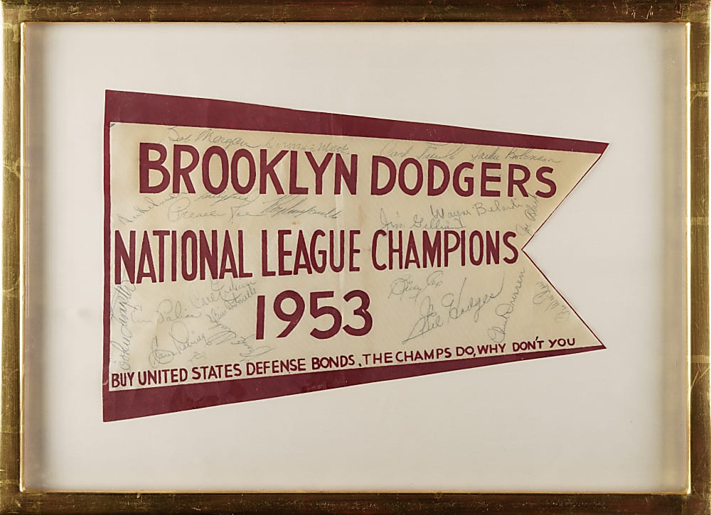 1953 Brooklyn Dodgers National League Champions Team-Signed "United States Defense Bonds" Advertising Pennant with Jackie Robinson, Roy Campanella, and Gil Hodges - PSA/DNA and Beckett