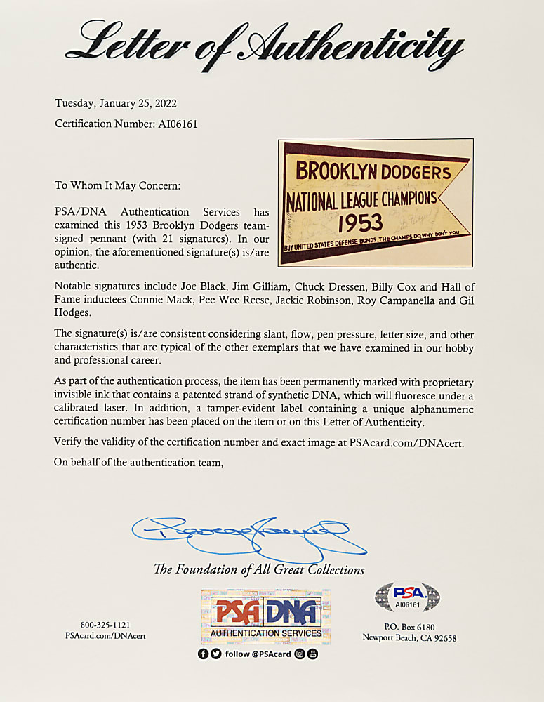 1953 Brooklyn Dodgers National League Champions Team-Signed "United States Defense Bonds" Advertising Pennant with Jackie Robinson, Roy Campanella, and Gil Hodges - PSA/DNA and Beckett