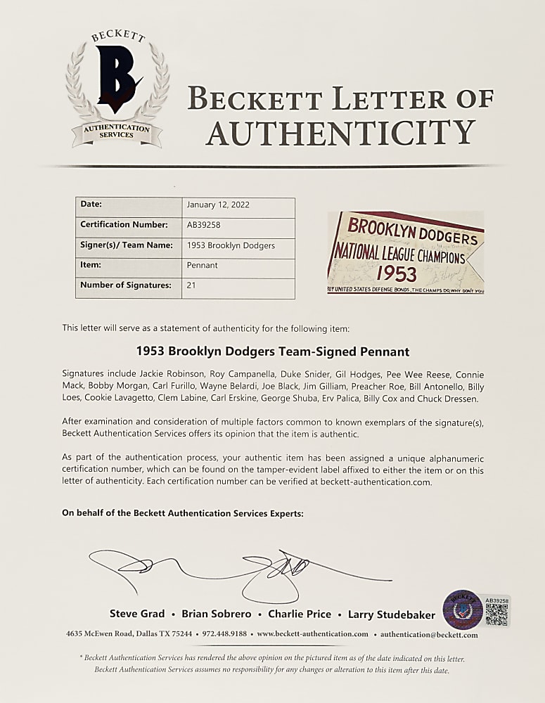 1953 Brooklyn Dodgers National League Champions Team-Signed "United States Defense Bonds" Advertising Pennant with Jackie Robinson, Roy Campanella, and Gil Hodges - PSA/DNA and Beckett