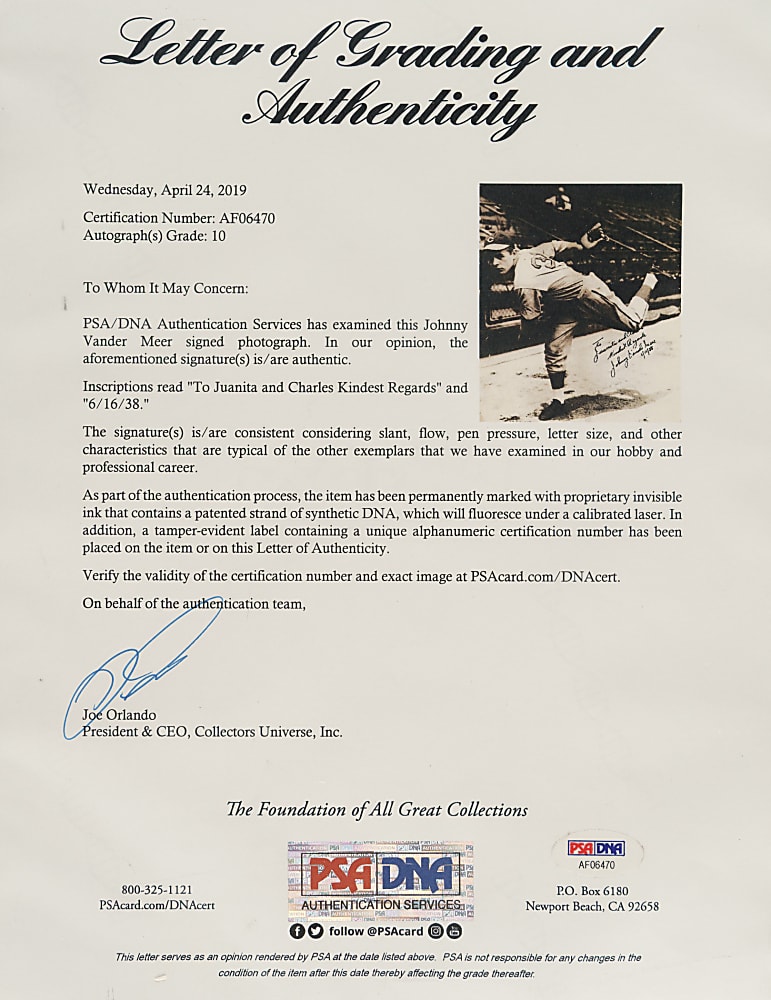 1938 Johnny Vander Meer Signed Photograph PSA/DNA GEM MINT 10 - From the Ruth Family Collection