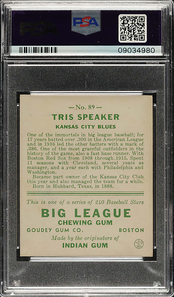 1933 R319 Goudey #89 Tris Speaker PSA NM-MT 8