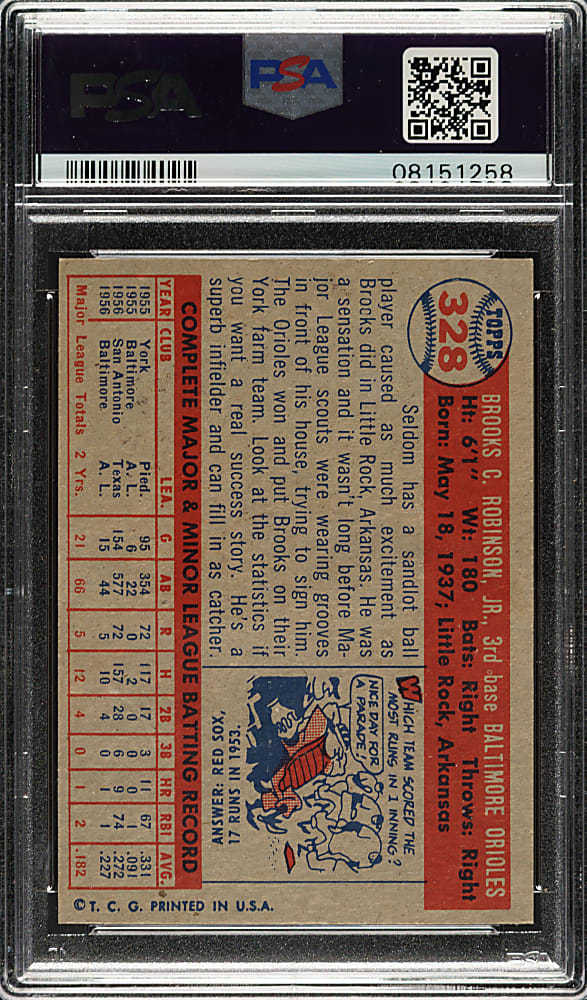 1957 Topps #328 Brooks Robinson Rookie PSA MINT 9
