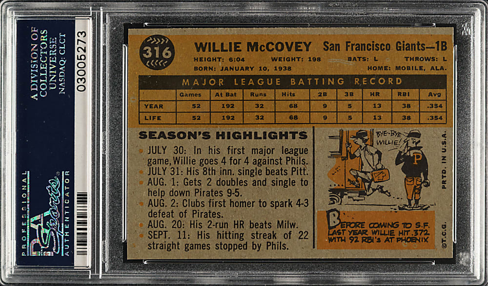 1960 Topps #316 Willie McCovey Rookie PSA MINT 9 - Highest Graded!