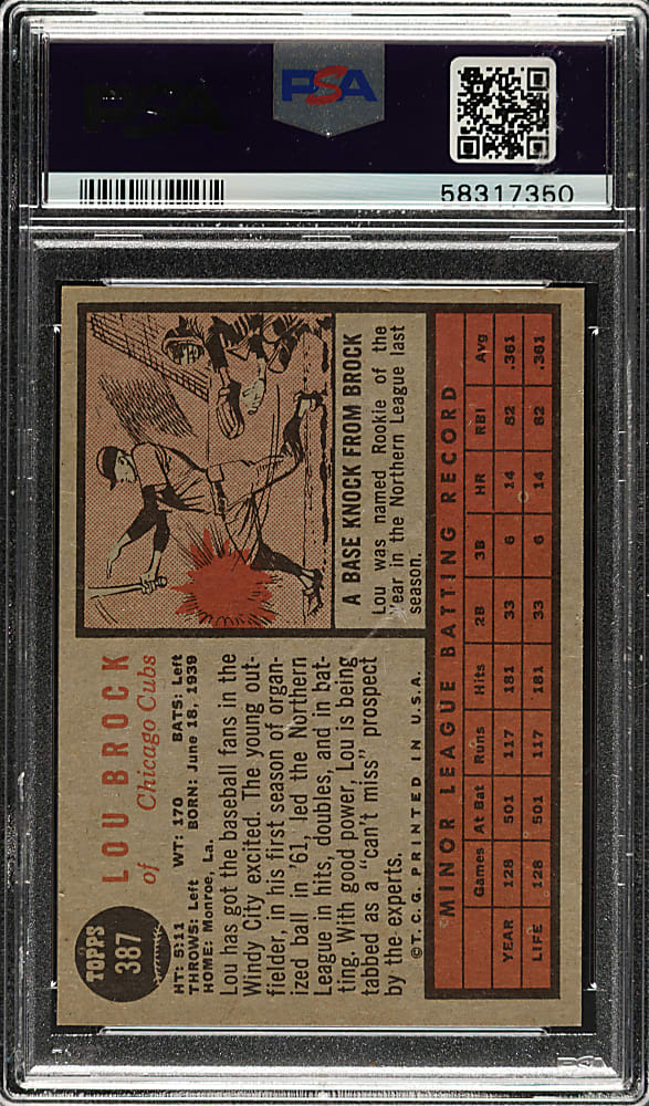 1962 Topps #387 Lou Brock Rookie PSA MINT 9
