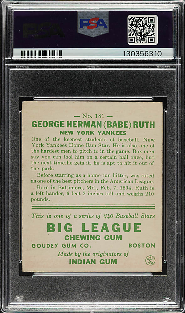 1933 R319 Goudey #181 Babe Ruth PSA VG+ 3.5