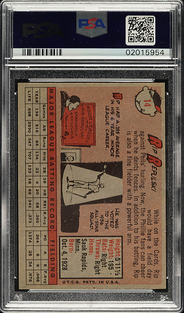 1958 Topps #14 Rip Repulski PSA MINT 9 - Highest Graded!