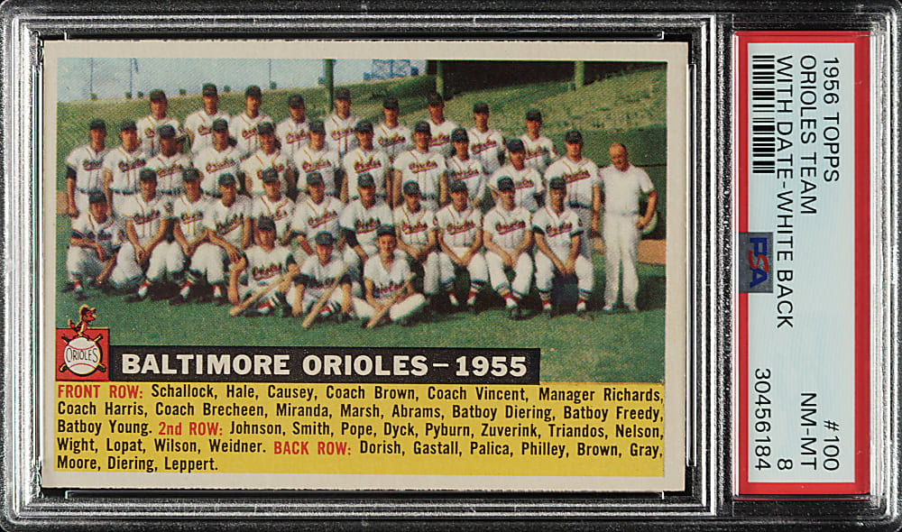 1956 Topps #100 Baltimore Orioles Team With Date White Back PSA NM-MT 8