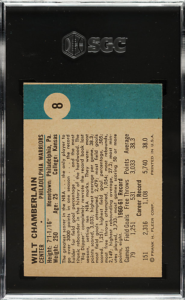 1961-1962 Fleer Basketball #8 Wilt Chamberlain Rookie SGC VG/EX+ 4.5