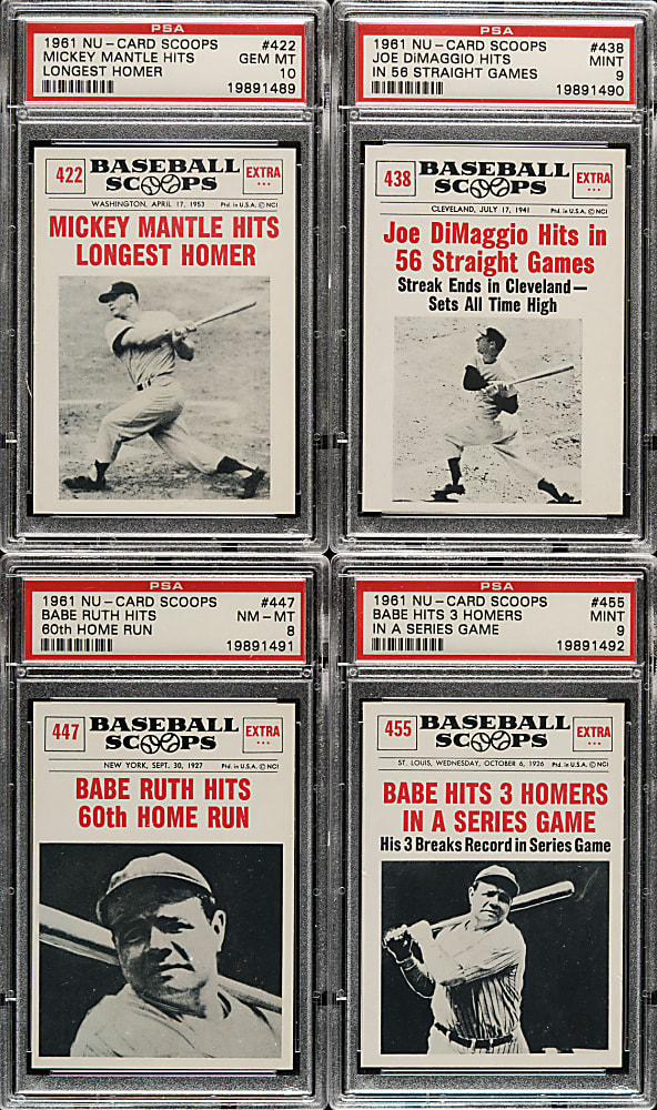 High-Grade 1961 Nu-Card "Baseball Scoops" Complete Set (80) Including #422 Mickey Mantle Hits Longest Homer PSA GEM MINT 10