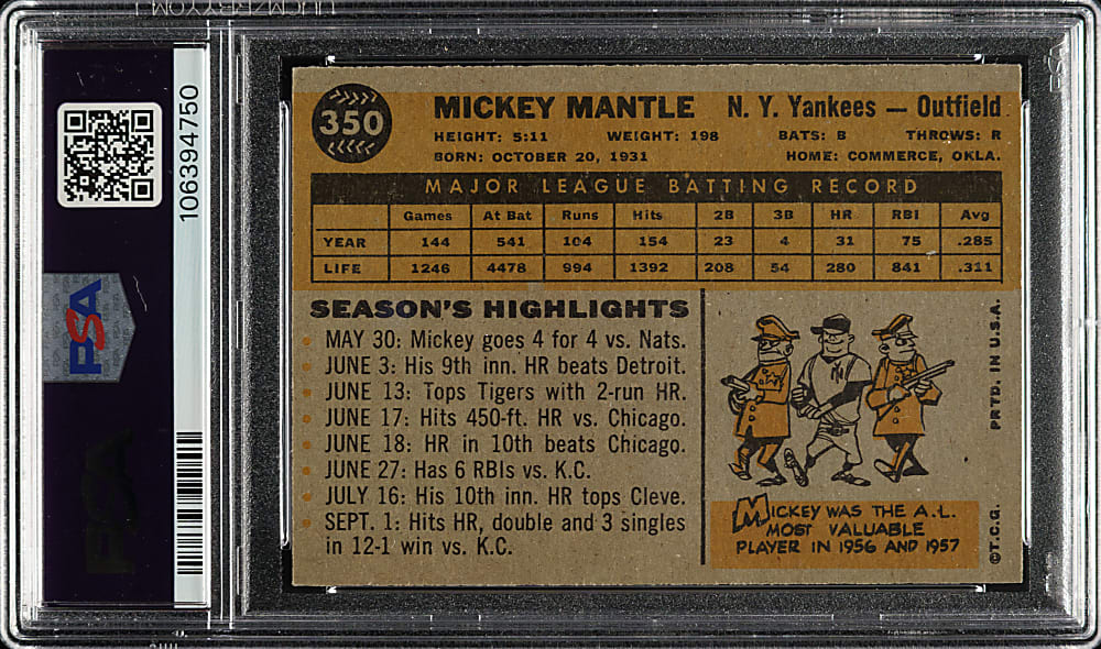 1960 Topps #350 Mickey Mantle PSA EX-MT 6
