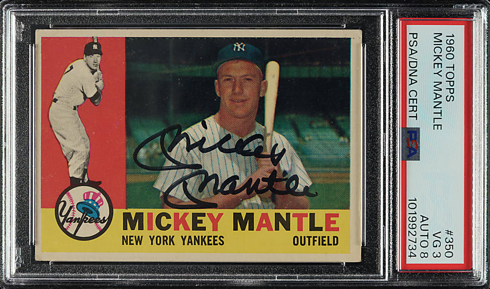 Signed 1960 Topps #350 Mickey Mantle PSA VG 3 with NM-MT 8 Signature