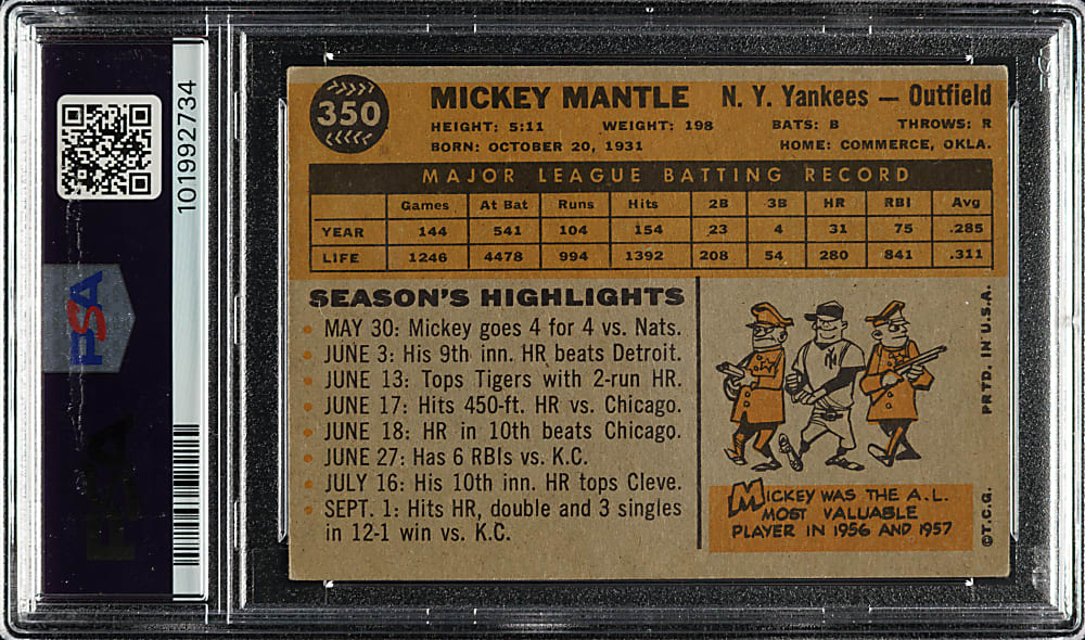 Signed 1960 Topps #350 Mickey Mantle PSA VG 3 with NM-MT 8 Signature