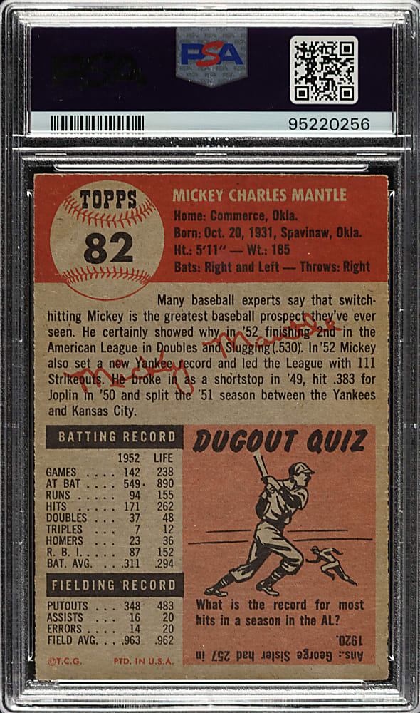 1953 Topps #82 Mickey Mantle PSA VG 3
