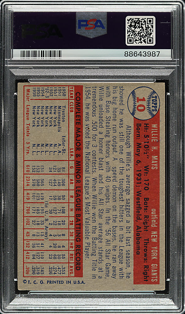 1957 Topps #10 Willie Mays PSA VG-EX 4