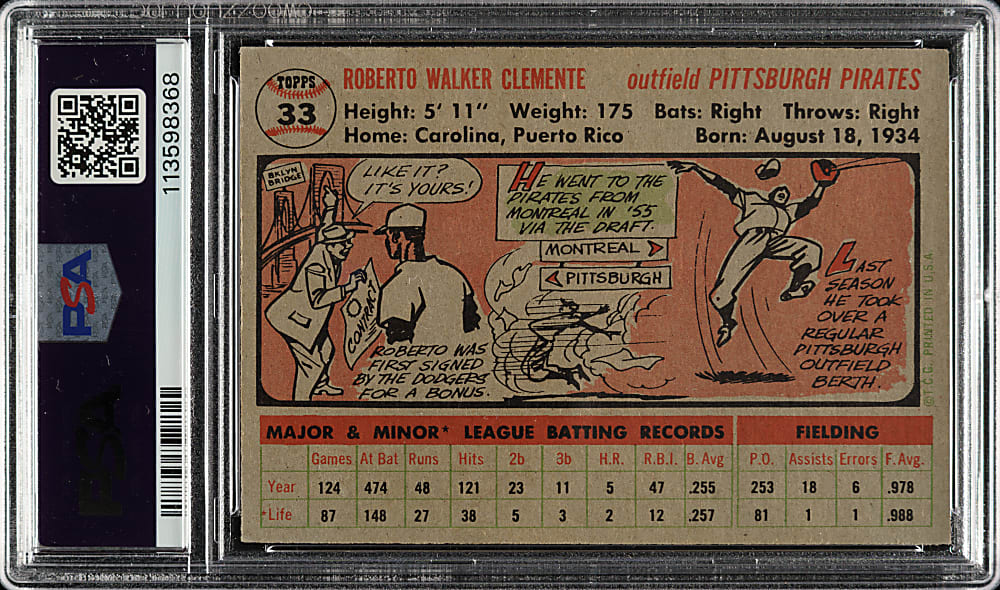 1956 Topps #33 Roberto Clemente Gray Back PSA EX 5