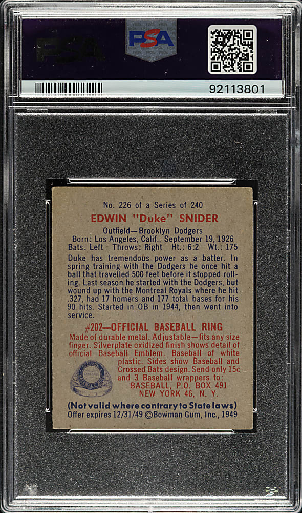 1949 Bowman #226 Duke Snider Rookie PSA VG-EX 4