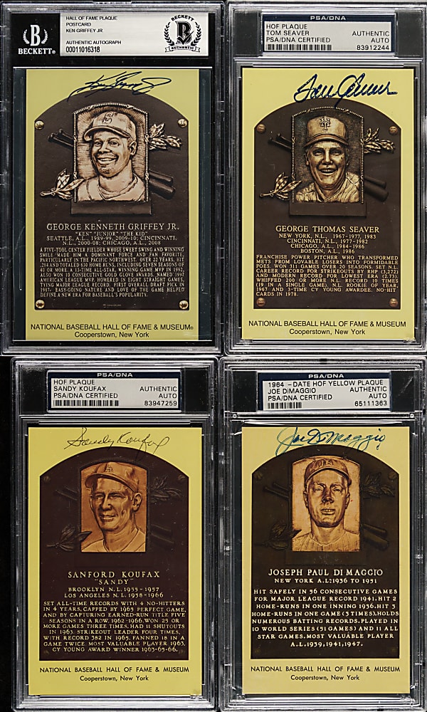 Signed Yellow Hall of Fame Postcard PSA-, SGC-, and BGS-Graded Collection (47) Including Koufax, DiMaggio, and Griffey Jr.