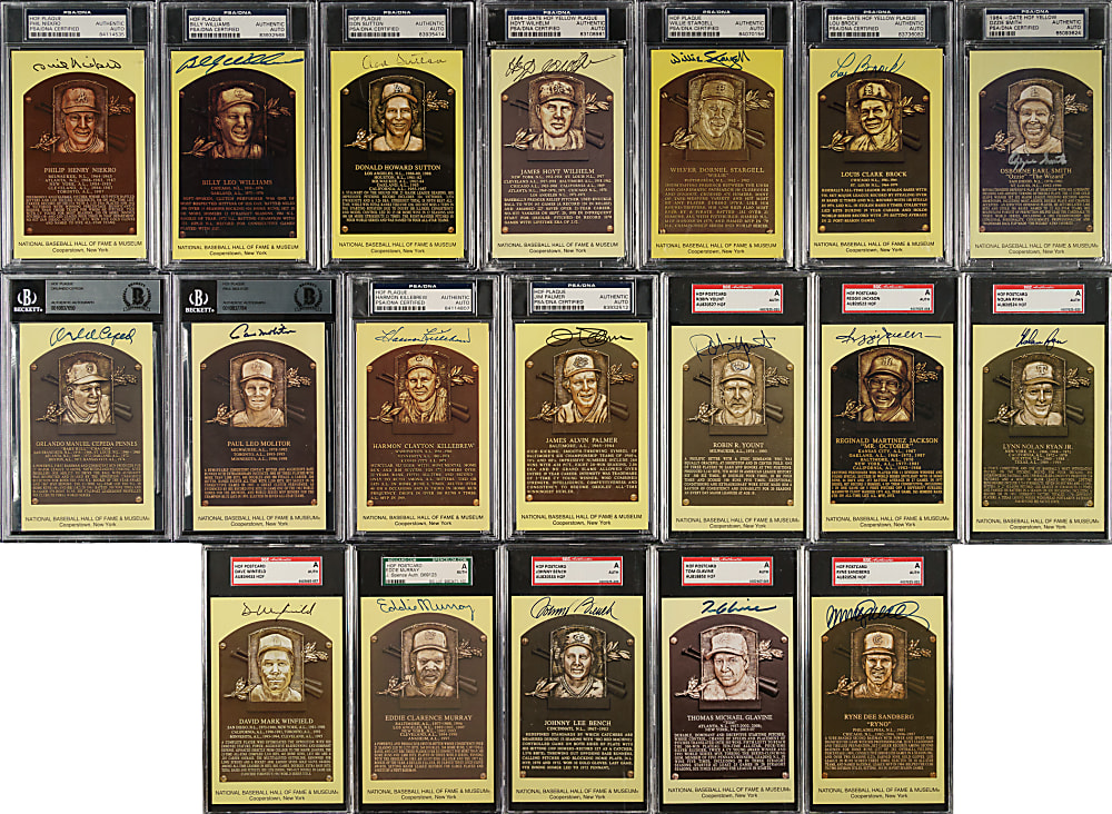 Signed Yellow Hall of Fame Postcard PSA-, SGC-, and BGS-Graded Collection (47) Including Koufax, DiMaggio, and Griffey Jr.