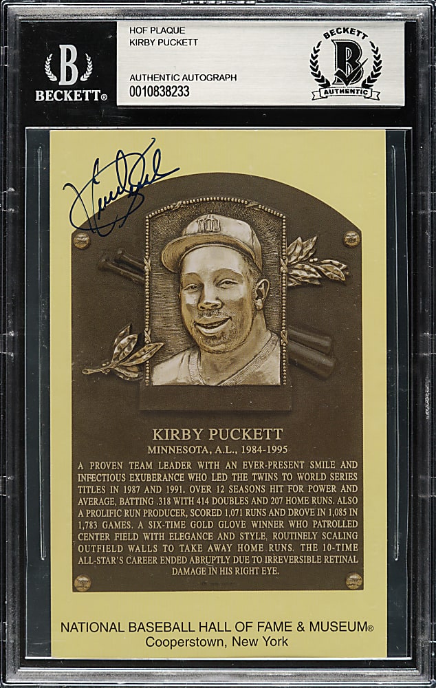Kirby Puckett Signed Yellow Hall of Fame Postcard - Beckett