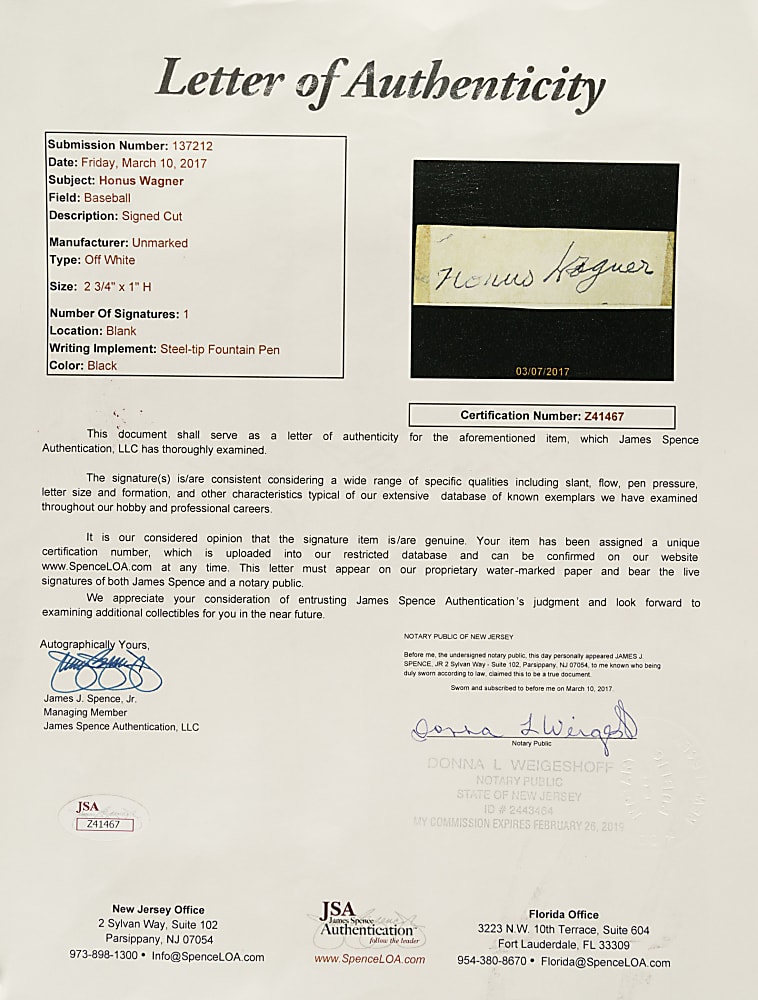 Honus Wagner Cut Signature in Framed Display - JSA