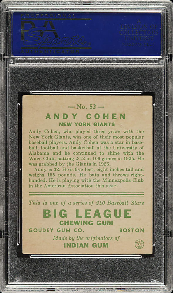 1933 R319 Goudey #52 Andy Cohen PSA EX-MT 6