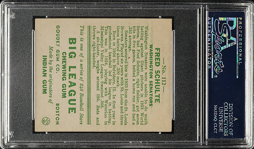 1933 R319 Goudey #112 Fred Schulte PSA EX-MT+ 6.5