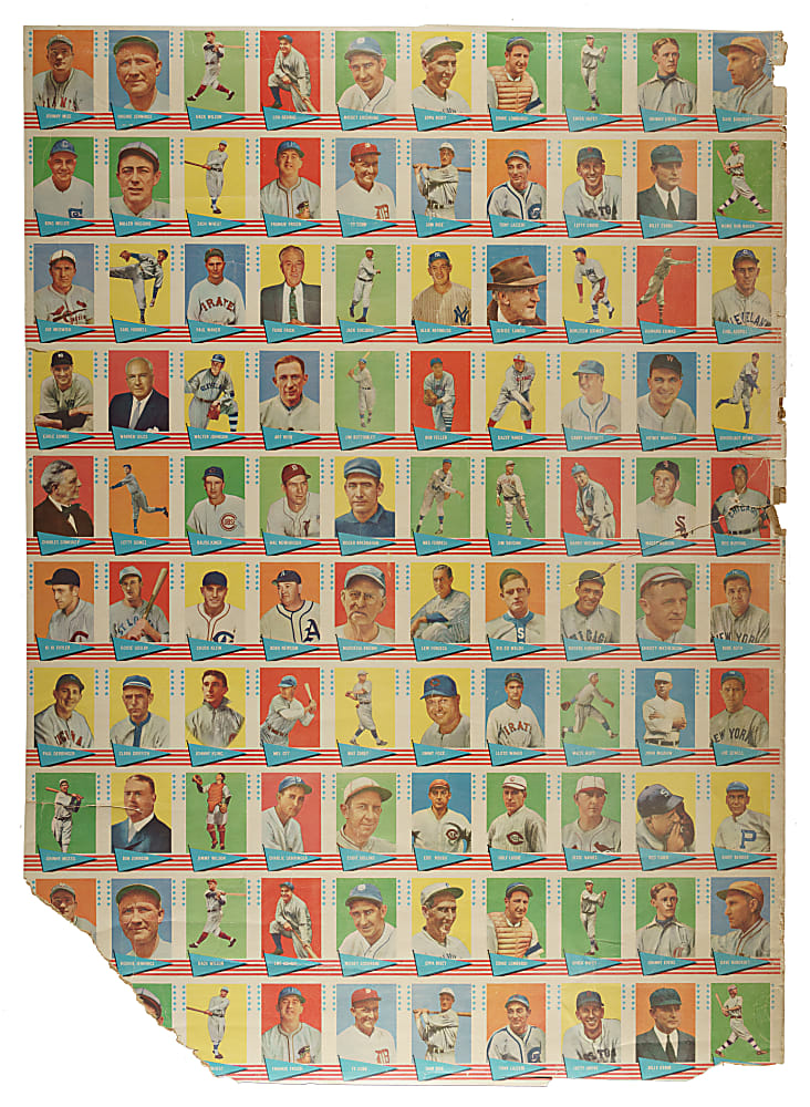 1961-1962 Fleer All-Time Greats Uncut Sheet (97 Cards) Including Cobb, Gehrig, Ruth, Johnson, and Mathewson
