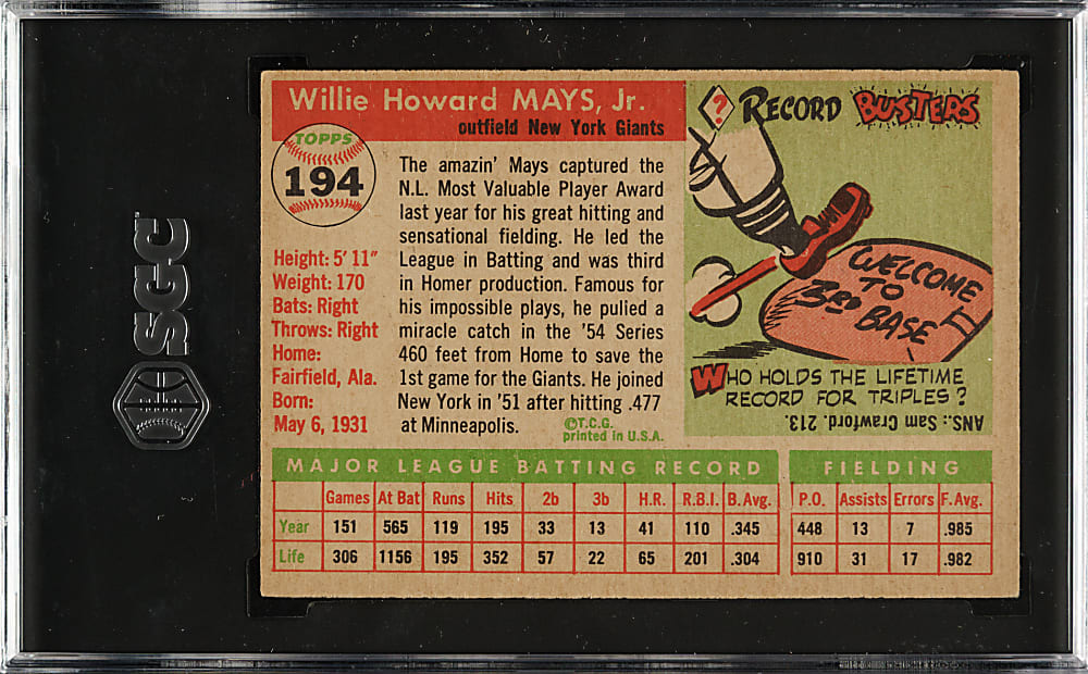 1955 Topps #194 Willie Mays SGC EX/NM 6