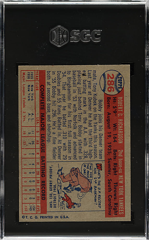 1957 Topps #286 Bobby Richardson Rookie SGC NM/MT 8