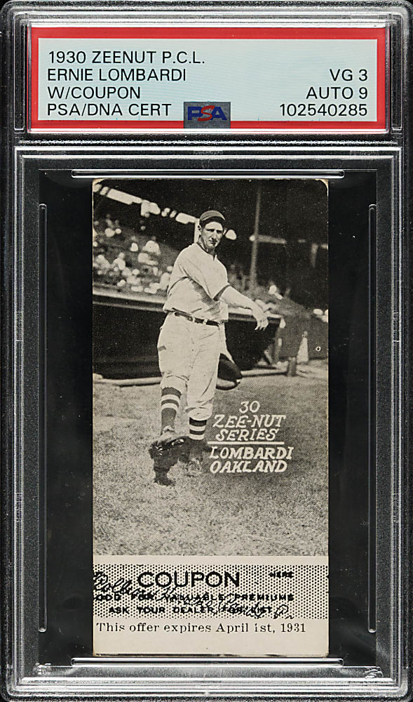 Signed 1930 Zeenut PCL Ernie Lombardi with Coupon PSA VG 3 with MINT 9 Signature - The Only PSA-Graded Example!