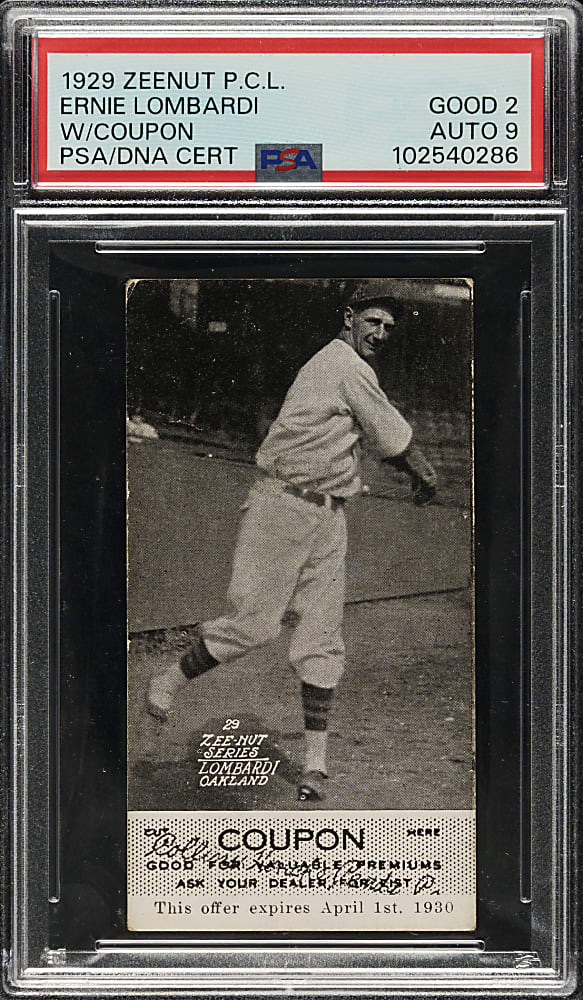 Signed 1929 Zeenut PCL Ernie Lombardi with Coupon PSA GOOD 2 with MINT 9 Signature - The ONLY PSA-Graded Example!