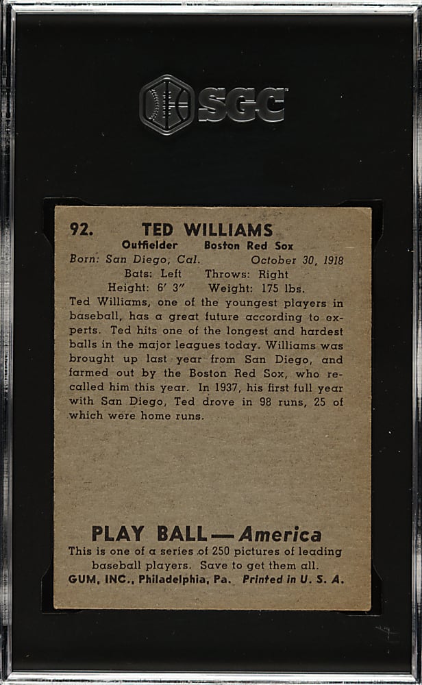 1939 R334 Play Ball #92 Ted Williams Rookie SGC EX 5
