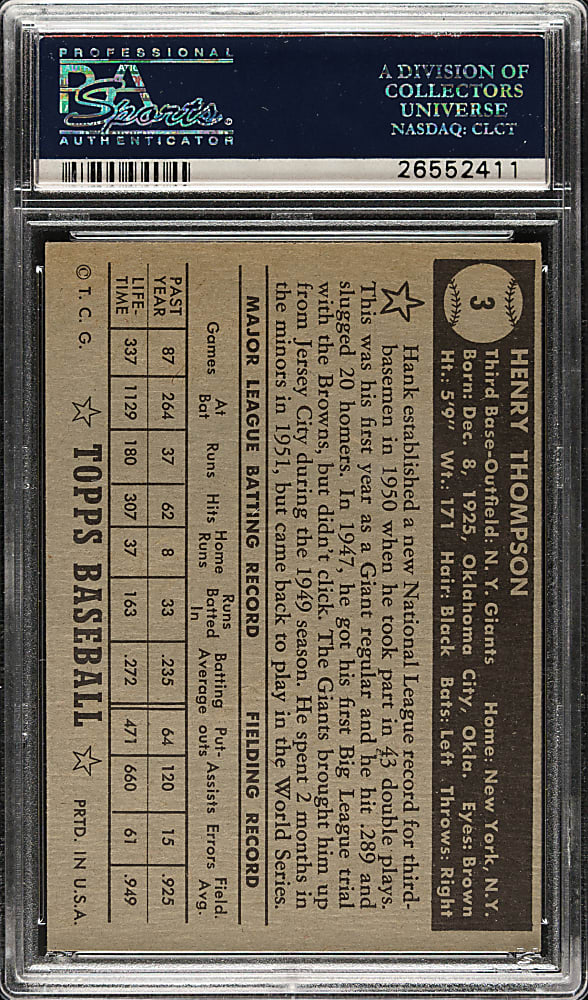 1952 Topps #3 Hank Thompson Black Back PSA EX-MT 6
