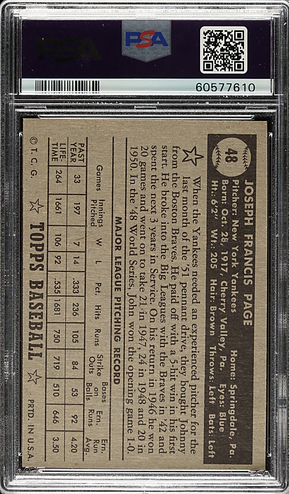 1952 Topps #48 Joe Page Incorrect Bio (Sain) Black Back PSA EX-MT 6