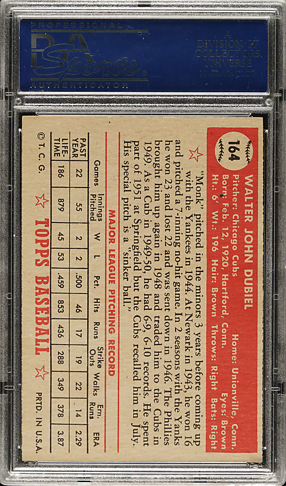 1952 Topps #164 Walt Dubiel PSA NM 7