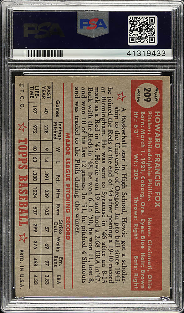 1952 Topps #209 Howie Fox PSA NM-MT 8