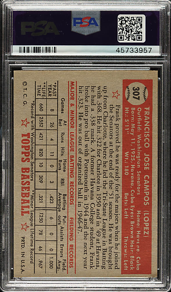 1952 Topps #307 Frank Campos PSA NM 7