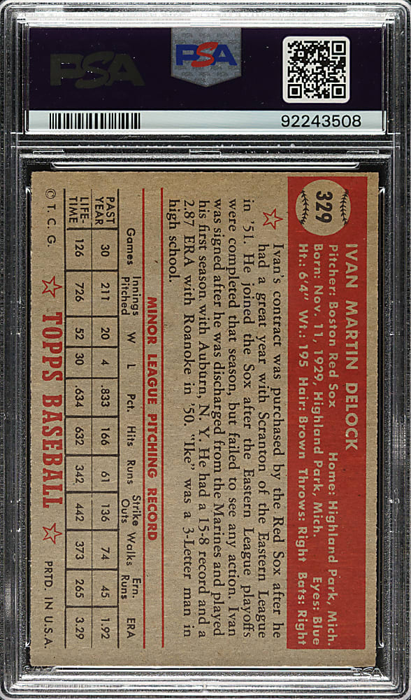 1952 Topps #329 Ivan Delock High Number PSA NM 7