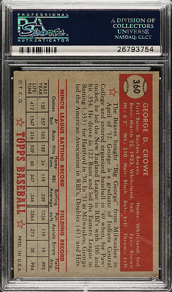 1952 Topps #360 George Crowe Rookie High Number PSA NM 7
