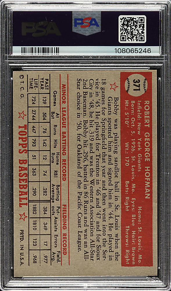 1952 Topps #371 Bob Hofman High Number PSA NM 7