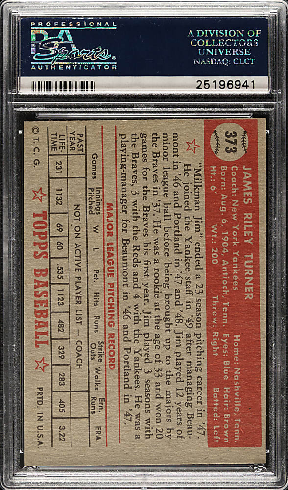1952 Topps #373 Jim Turner Rookie High Number PSA EX-MT 6
