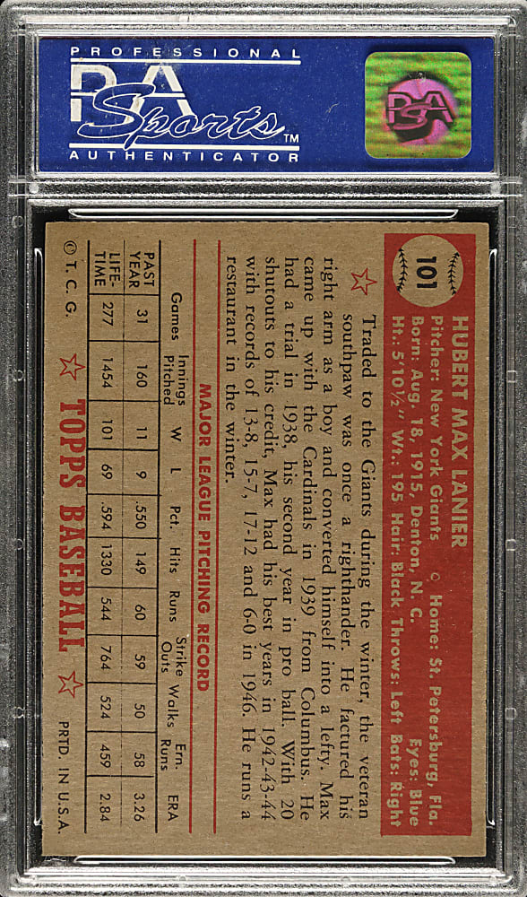 1952 Topps #101 Max Lanier PSA NM 7