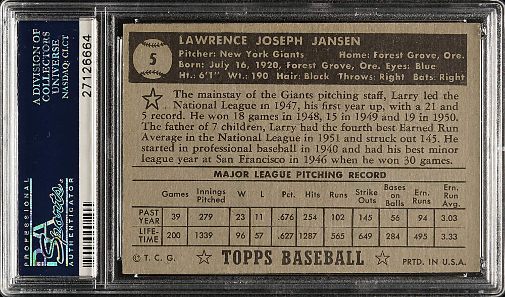 1952 Topps #5 Larry Jansen Black Back PSA EX-MT 6