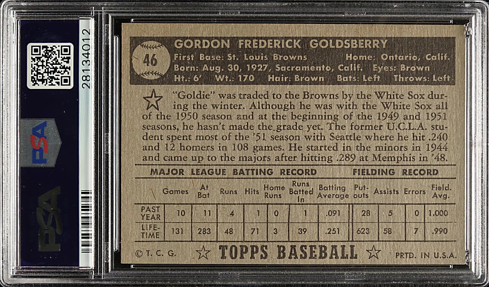 1952 Topps #46 Gordon Goldsberry Black Back PSA EX-MT 6